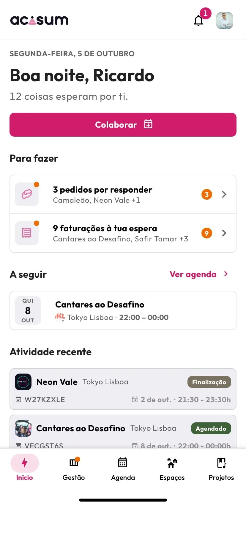 O Início da app Acisum, com o que espera por ti
